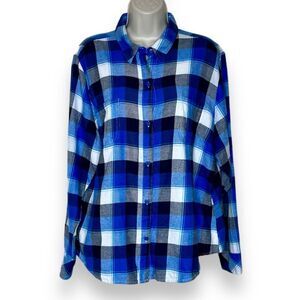 Riders by Lee Blue Plaid Flannel Long Sleeve Button Front Cotton Shirt Women XL